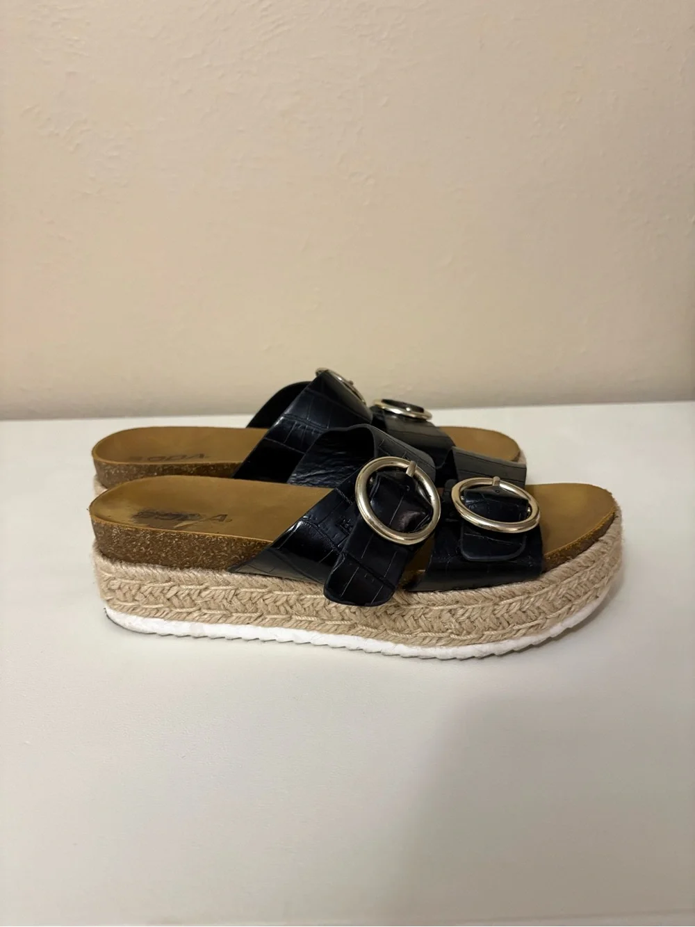 Soda Black Platform Slide Sandals with Silver Buckles